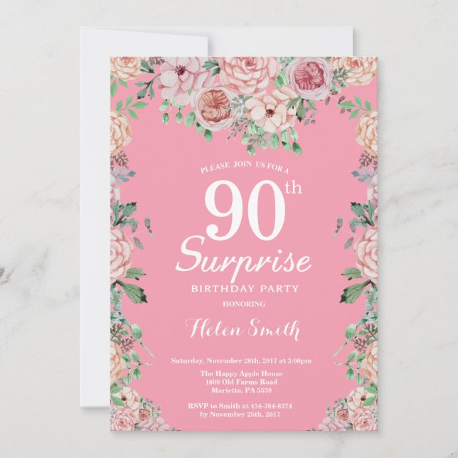 Floral Pink Peonies Surprise 90th Birthday Invitation (Front)
