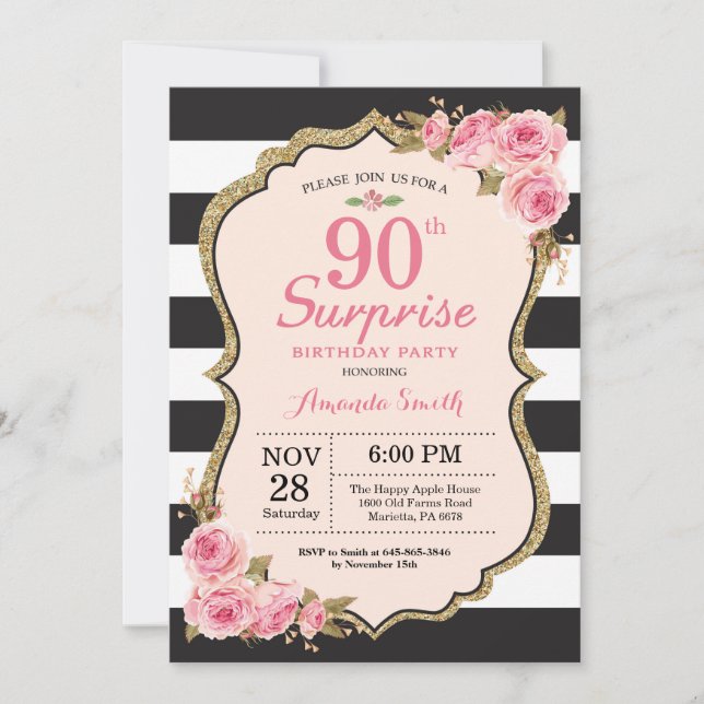 Floral Pink Peonies Surprise 90th Birthday Party Invitation (Front)