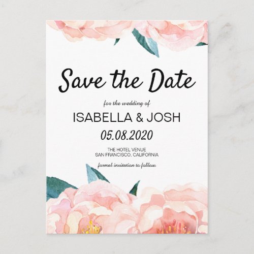Floral Pink Peony Boho Save the Date Announcement Postcard