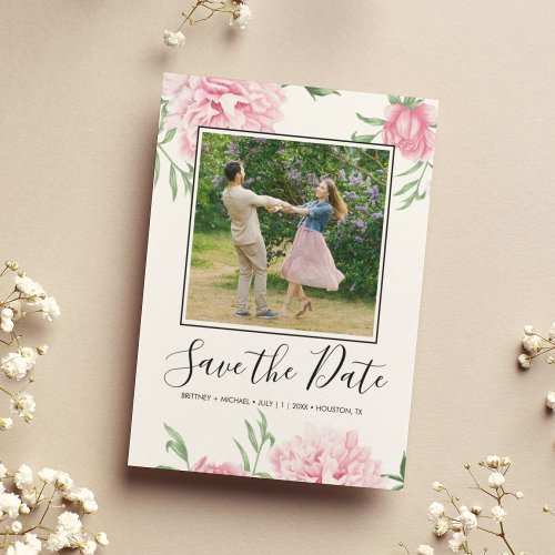 Floral Pink Peony Botanical Elegant Photo Save The Date