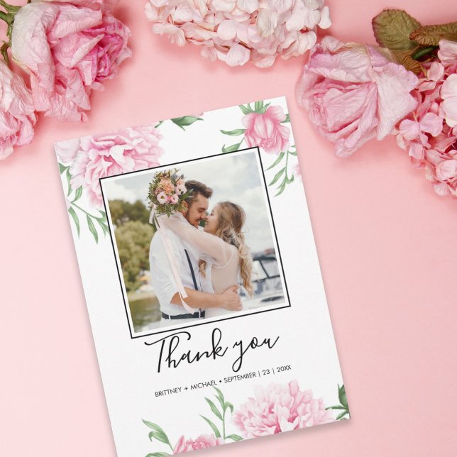 Floral Pink Peony Botanical Photo Elegant Thank You Card (Creator Uploaded)
