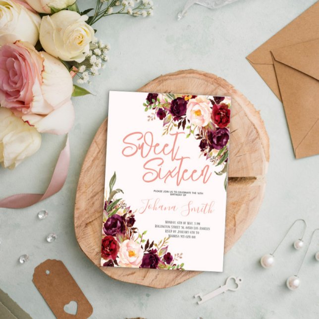 Floral Pink Peony Burgundy Sixteenth Birthday Invitation (Creator Uploaded)