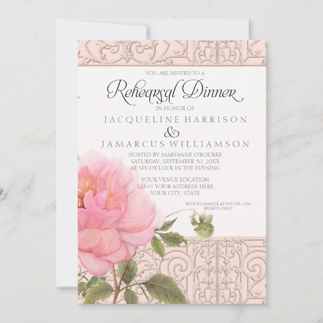 Floral Pink Peony Classic Formal Rehearsal Dinner Invitation (Front)