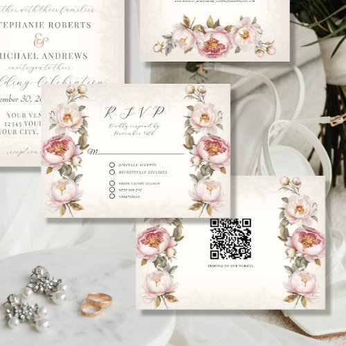 Floral Pink Peony Elegant Spring QR code Wedding RSVP Card