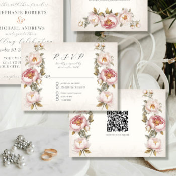 Floral Pink Peony Elegant Spring Qr Code Wedding Rsvp Card by ModernStylePaperie at Zazzle