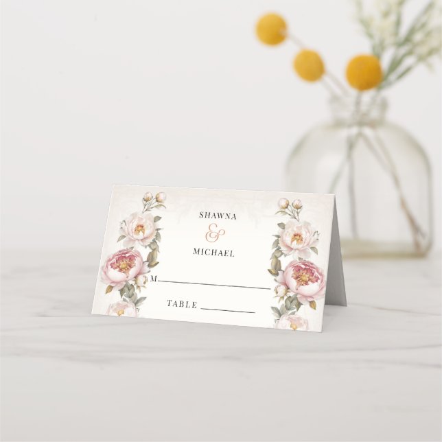 Floral Pink Peony Elegant Spring Wedding Reception Place Card (Front)