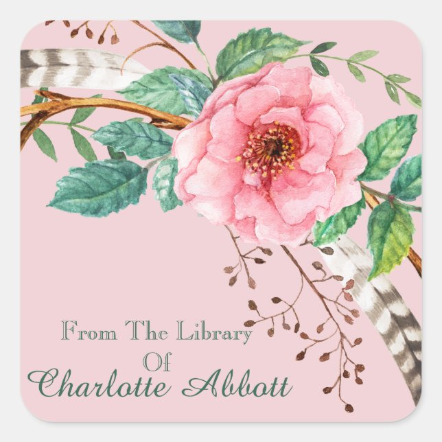 Floral Pink Peony Feather Design Bookplate (Front)