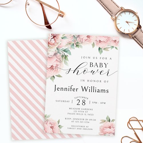 Floral pink peony girl baby shower invitation