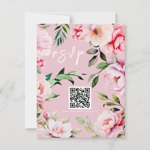 Floral Pink Peony Magnolia Pink Wedding QR RSVP Card