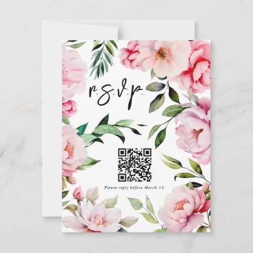 Floral Pink Peony Magnolia Wedding QR RSVP Card