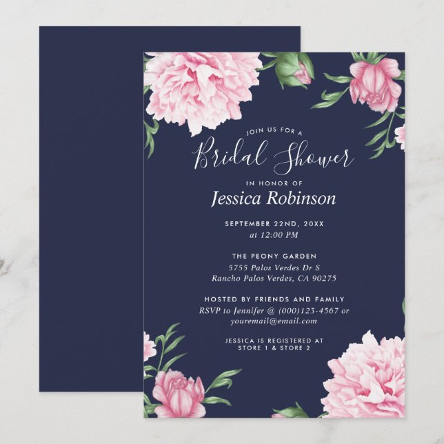 Floral Pink Peony Navy Background Bridal Shower Invitation (Front/Back)