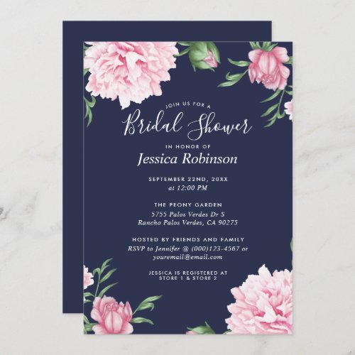 Floral Pink Peony Navy Background Bridal Shower Invitation
