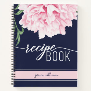 Floral Pink Peony Navy Recipe Notebook