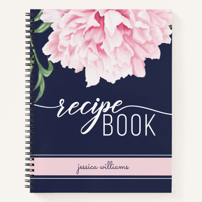 Floral Pink Peony Navy Recipe Notebook (Front)