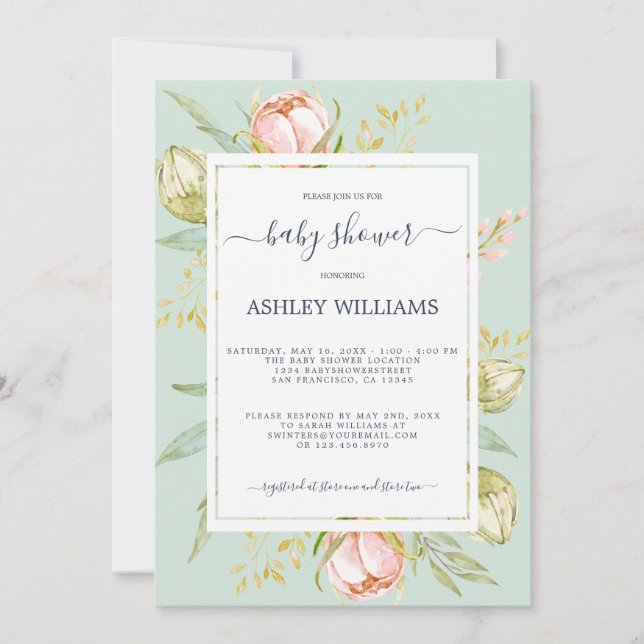 Floral Pink Peony Rustic Boho Green Baby Shower Invitation (Front)