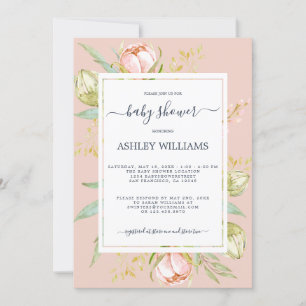 Floral Pink Peony Rustic Boho Pink Baby Shower Invitation