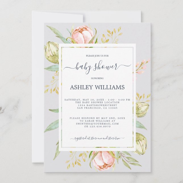 Floral Pink Peony Rustic Boho Purple Baby Shower Invitation (Front)