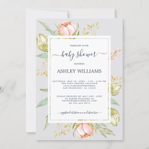 Floral Pink Peony Rustic Boho Purple Baby Shower Invitation