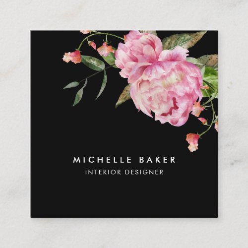 Floral Pink Peony Watercolor Black Square Business Card