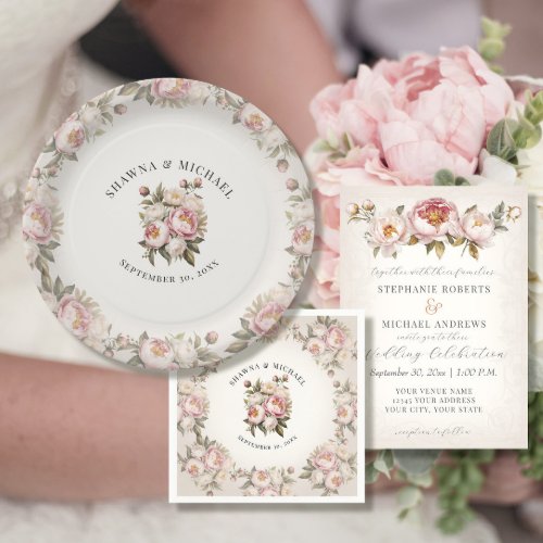 Floral Pink Peony Watercolor Elegant Wedding Paper Plates