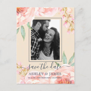 Floral Pink Peony Watercolor Save the Date Announcement Postcard
