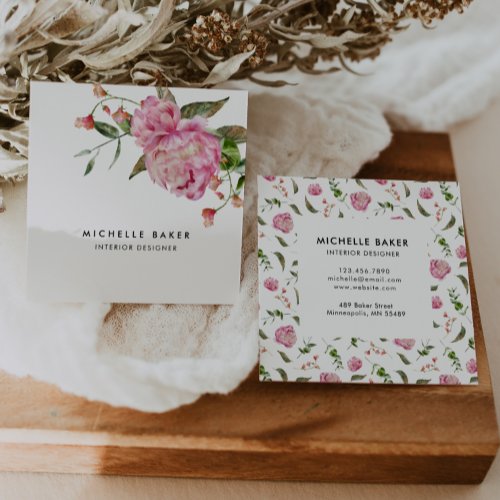 Floral Pink Peony Watercolor Square Business Card
