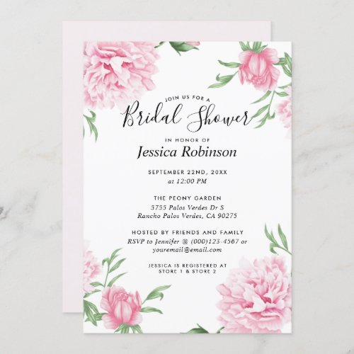 Floral Pink Peony White Background Bridal Shower Invitation