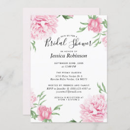 Floral Pink Peony White Background Bridal Shower Invitation