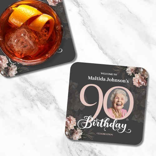 Floral Pink Photo 90th Birthday Party Square Paper Coaster