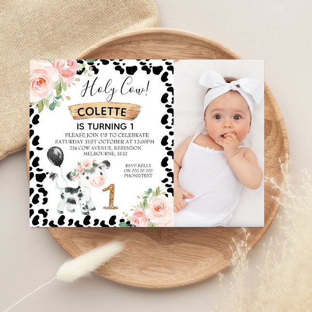 Floral Pink Photo Black Cow Print 1st Birthday Invitation (Floral Holy Cow First Birthday Invitation Girl Photo, Cow Themed 1st Birthday Invitation Pink Floral)
