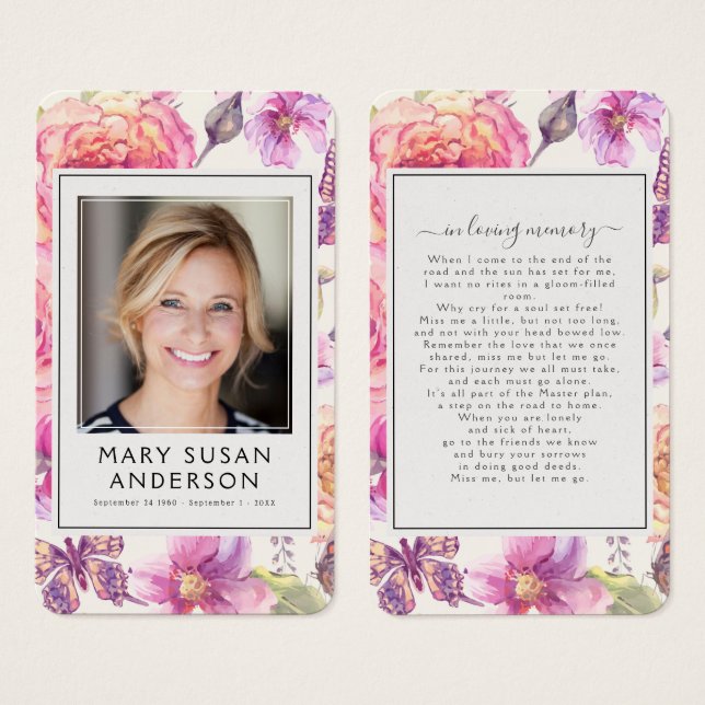 Floral Pink Photo Funeral Memorial Poem Card (Front & Back)