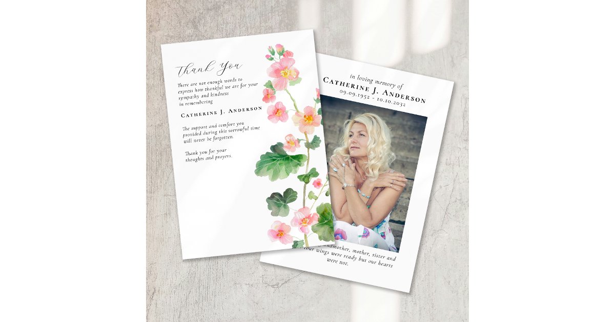 Floral Pink Photo Sympathy Funeral Memorial Thank You Card | Zazzle