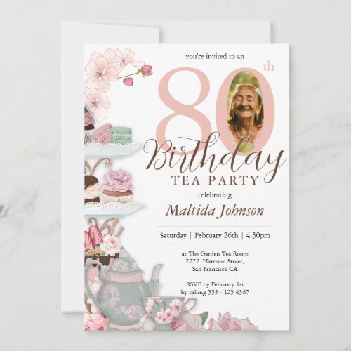 Floral Pink Photo Tea Party 80th Birthday Invitation