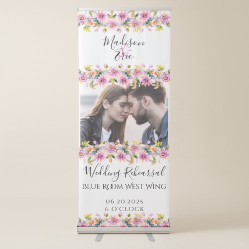 Floral Pink Photo Wedding Rehearsal Dinner Retractable Banner