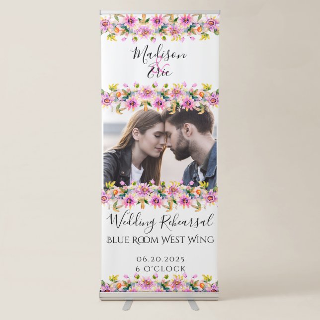 Floral Pink Photo Wedding Rehearsal Dinner Retractable Banner (Front)