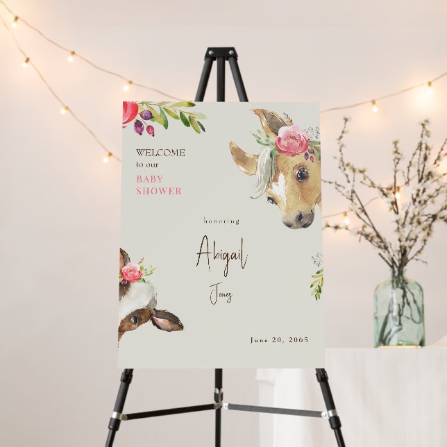Floral Pink Pony & Cow  Baby Shower Welcome Foam Board (In Situ (Stand))