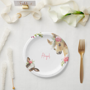 Floral Pink Pony & Cow  Baby Shower White Paper Plates