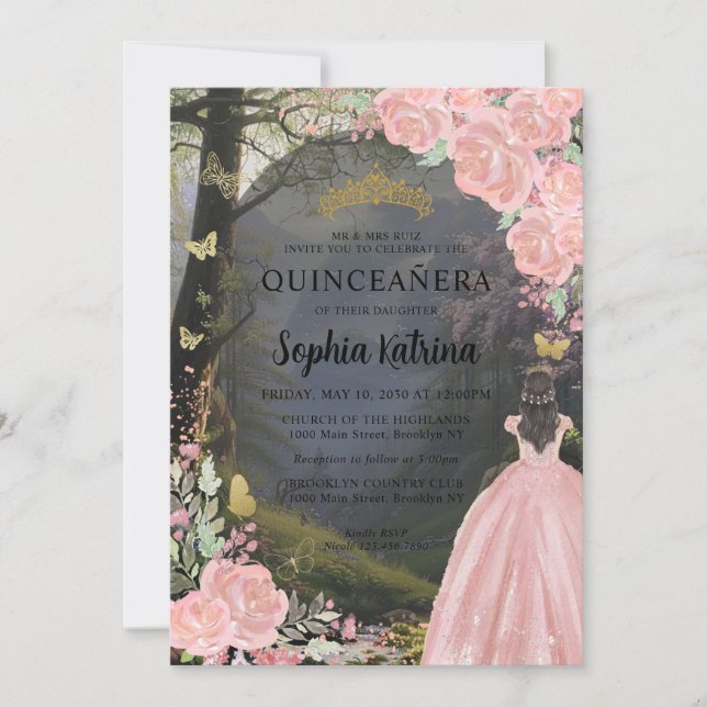 Floral Pink Princess Forest Birthday Quinceanera Invitation (Front)