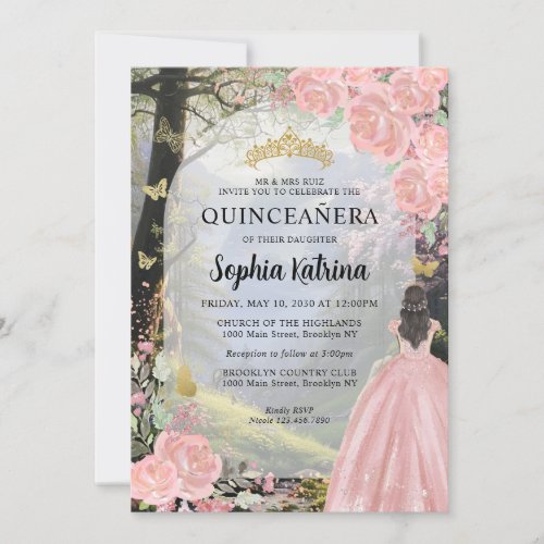 Floral Pink Princess Forest Birthday Quinceanera Invitation