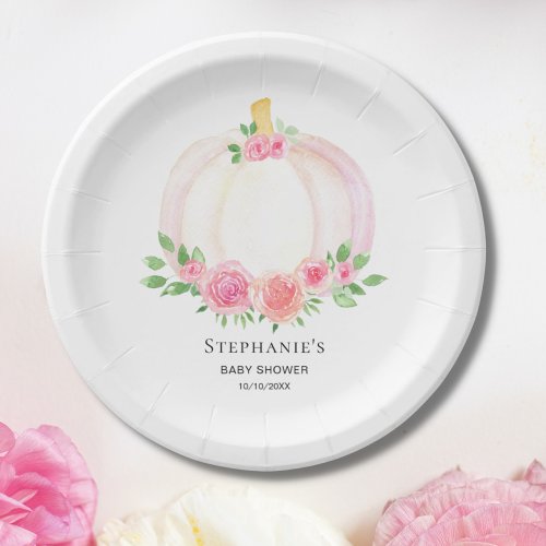 Floral Pink Pumpkin Fall Girls Baby Shower Paper Plates