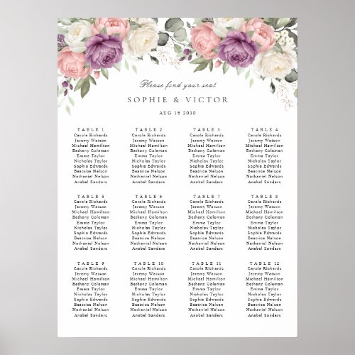 Floral Pink Purple 12 Tables Wedding Seating Chart