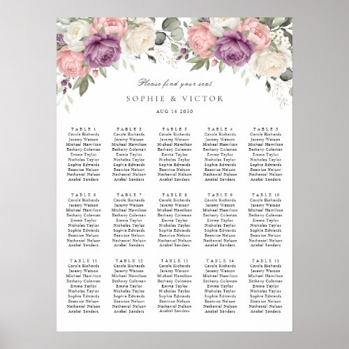 Floral Pink Purple 15 Tables Wedding Seating Chart