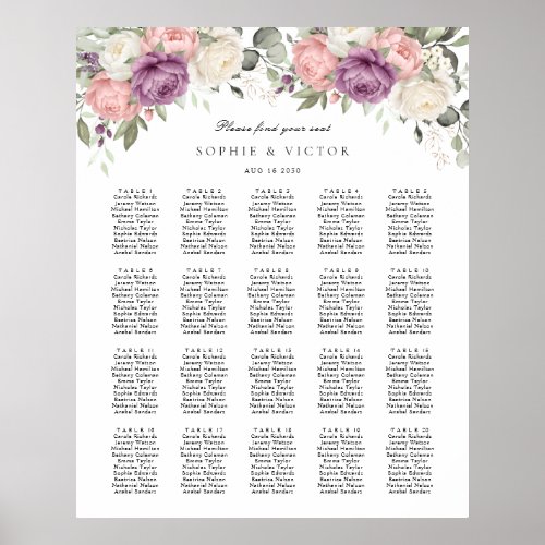 Floral Pink Purple 20 Table Wedding Seating Chart