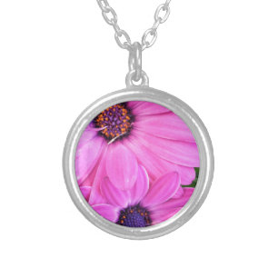 Floral Pink Purple Gerbera Daisy Flower Nature Silver Plated Necklace