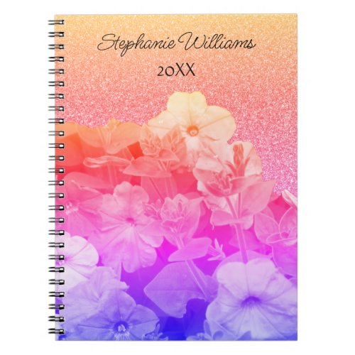 Floral Pink Purple Glittery Custom Name Ombre Cute Notebook