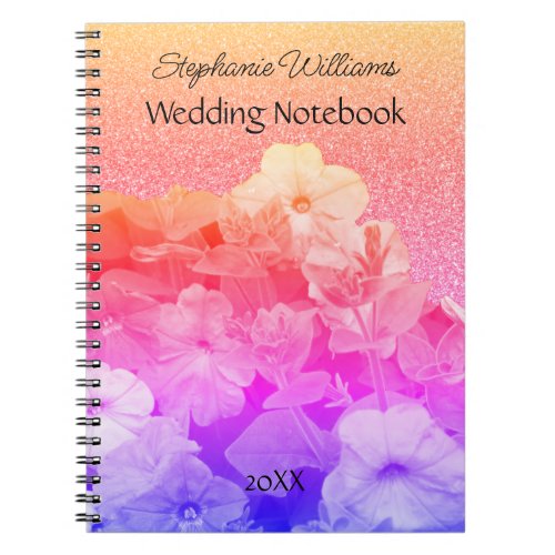Floral Pink Purple Glittery Custom Name Wedding Notebook