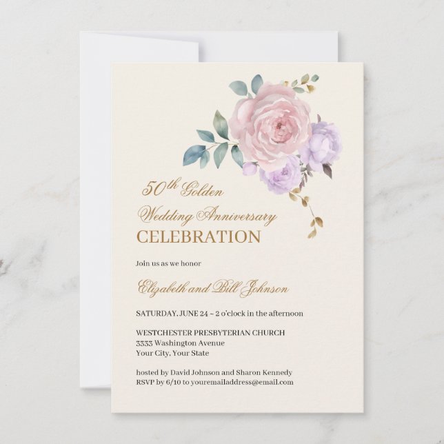 Floral Pink Purple Gold 50th Wedding Anniversary Invitation (Front)