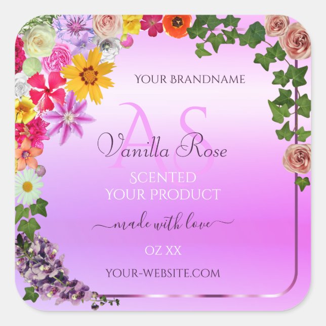 Floral Pink Purple Gradient Product Label Monogram (Front)