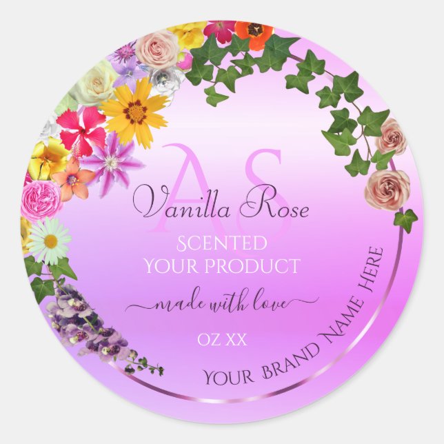 Floral Pink Purple Gradient Product Label Monogram (Front)