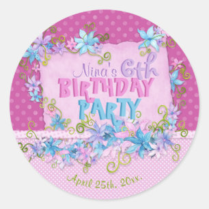 Floral Pink Purple Polka Dots Birthday Party Classic Round Sticker